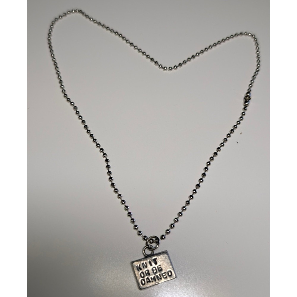 KNIT OR BE‎ DAMNED! Hand Stamped Square Pendant Ball Chain Necklace Pewter Gift